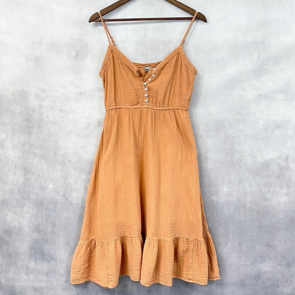 Aerie Dress Womens Medium Orange Cotton Gauze Henley Boho Ruffle Hem Minimalist - Picture 13 of 13